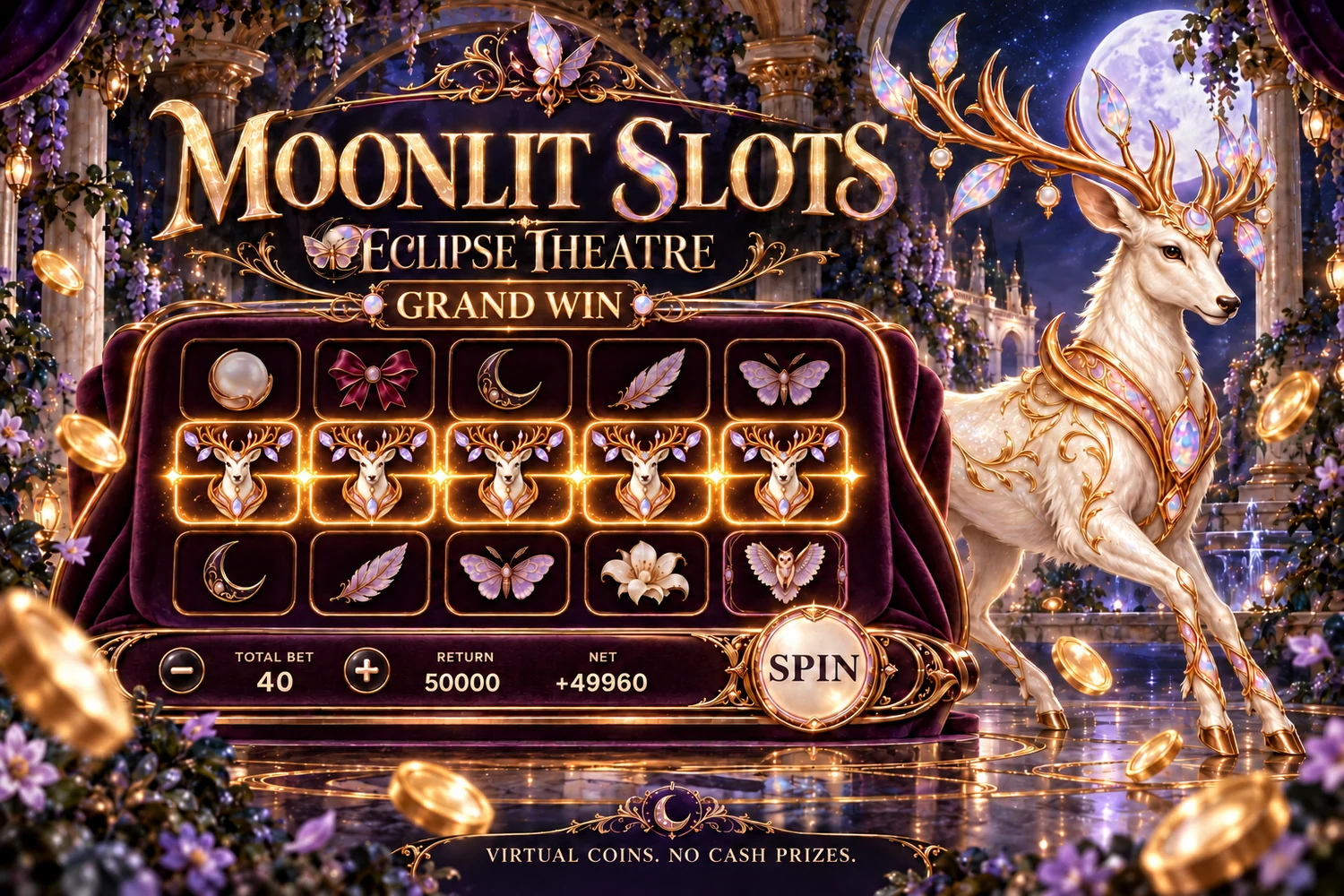 Moonlit Velvet: a five-reel Slots board, SPIN control and themed guardian