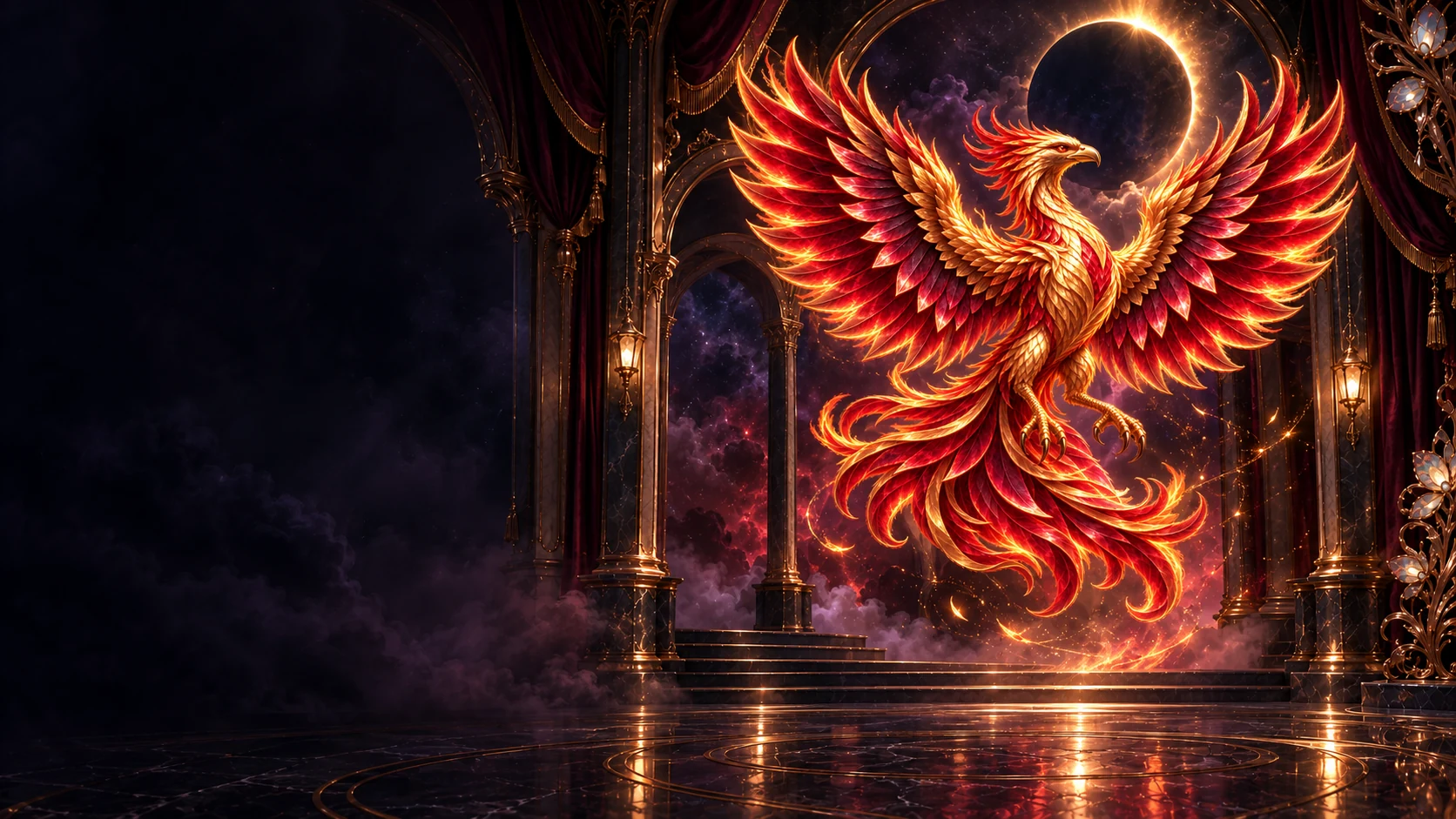 A magnificent ruby phoenix above the illuminated stage of a midnight theatre